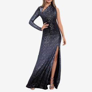 Betsy & Adam Long One Sleeve Stretch Ombré Sequin Gown
